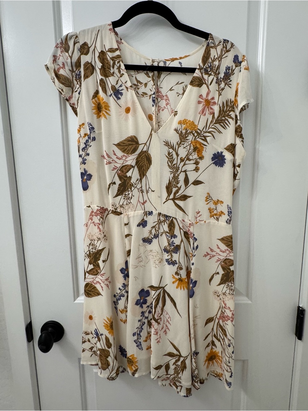 Reformation Cream Floral V-Neck Mini Dress with Yellow & Blue Blooms